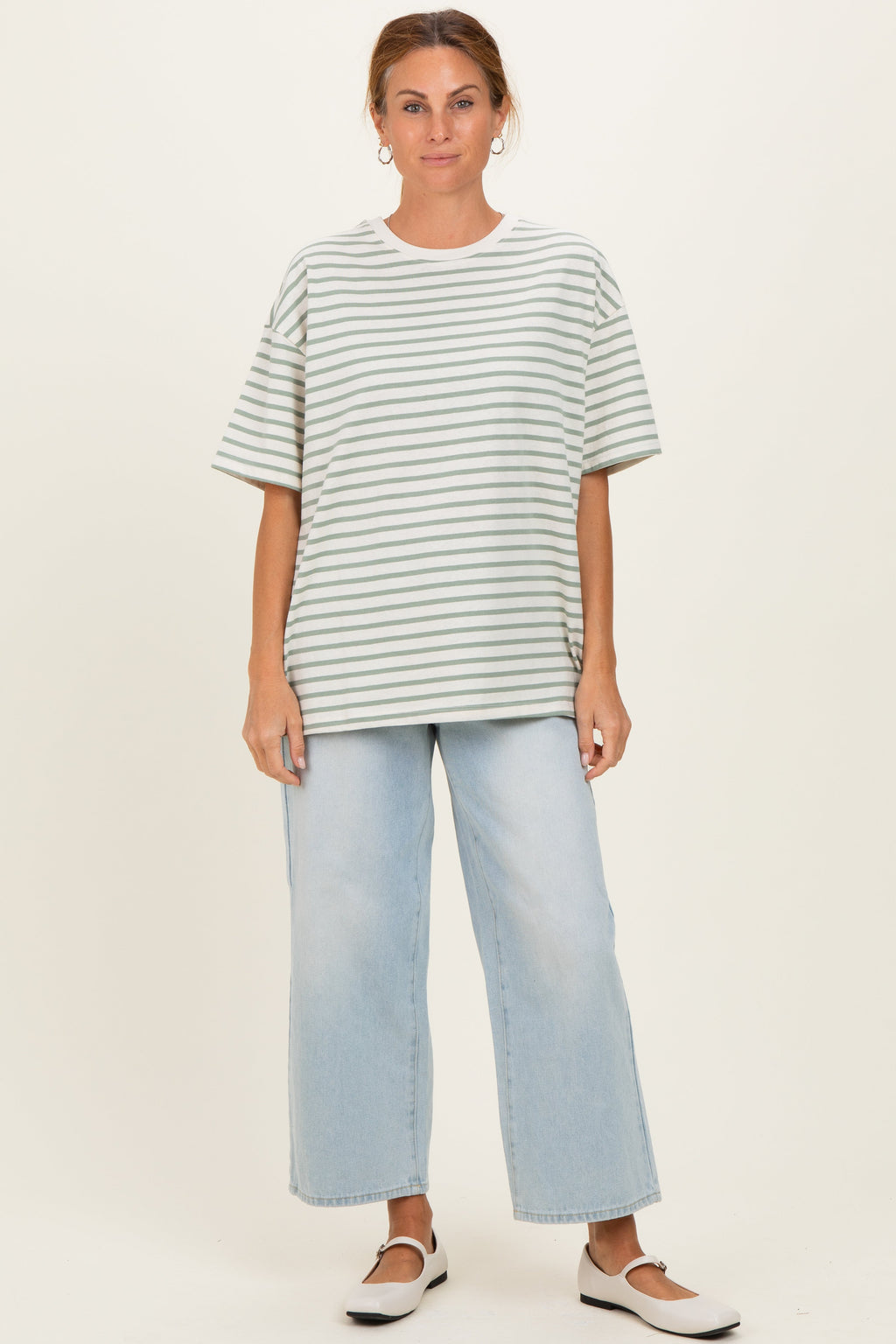 Sage Striped Short Sleeve Crew Neck Oversized Cotton Top