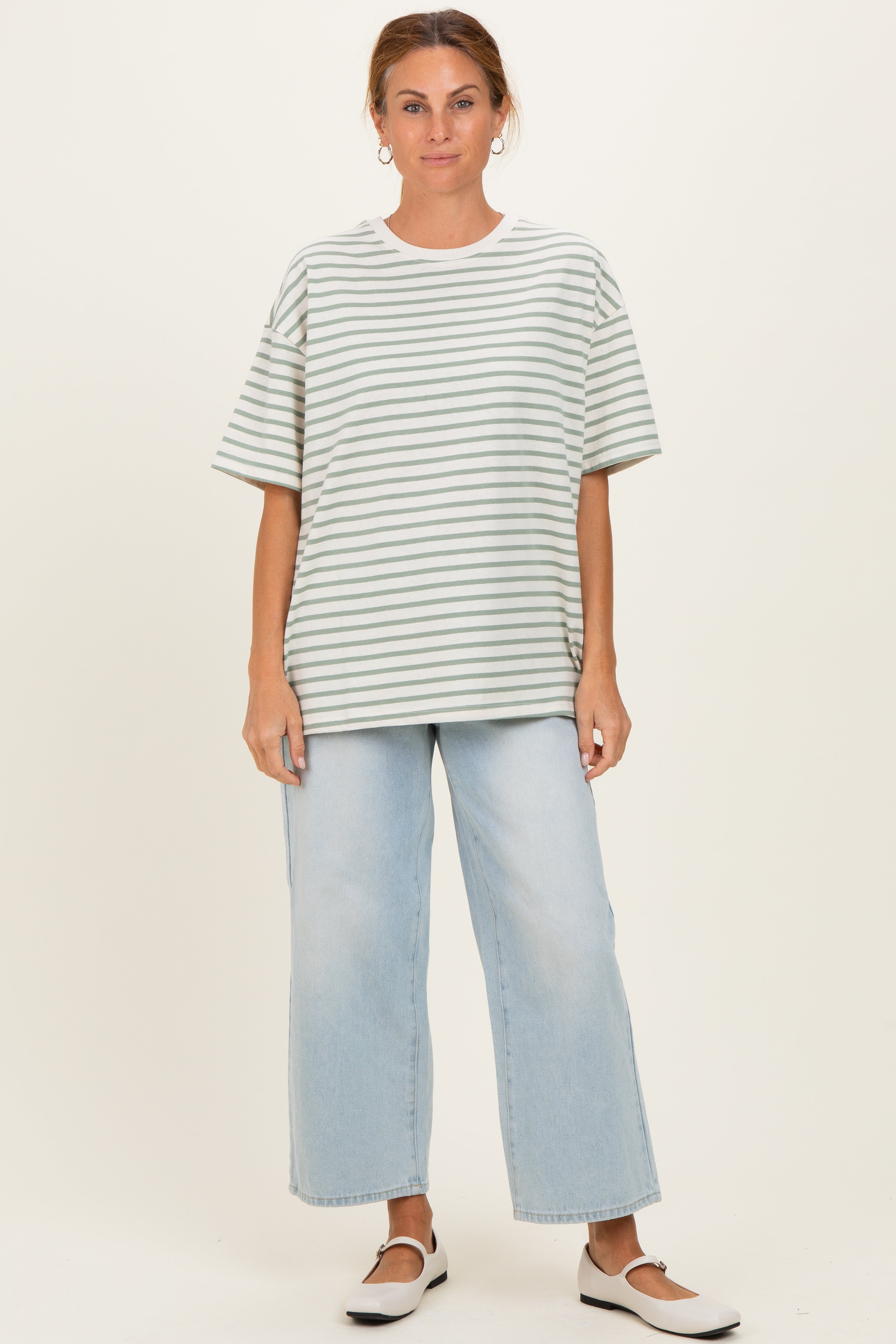 Sage Striped Short Sleeve Crew Neck Oversized Cotton Top