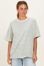 Sage Striped Short Sleeve Crew Neck Oversized Cotton Top