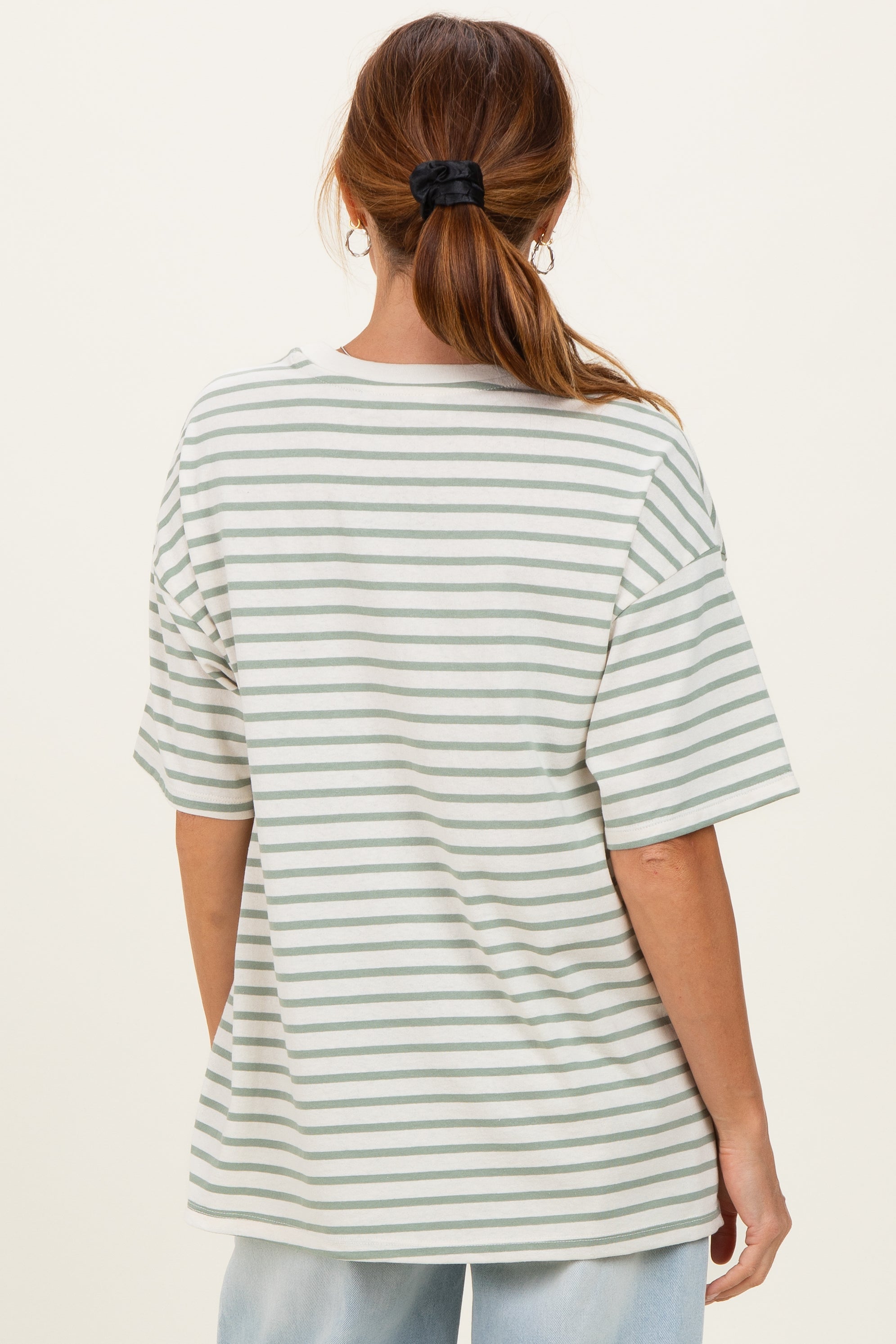 Sage Striped Short Sleeve Crew Neck Oversized Cotton Top