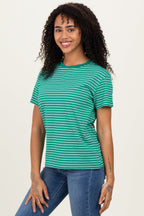 Green/White Short Sleeve Round Neck Stripe Tee