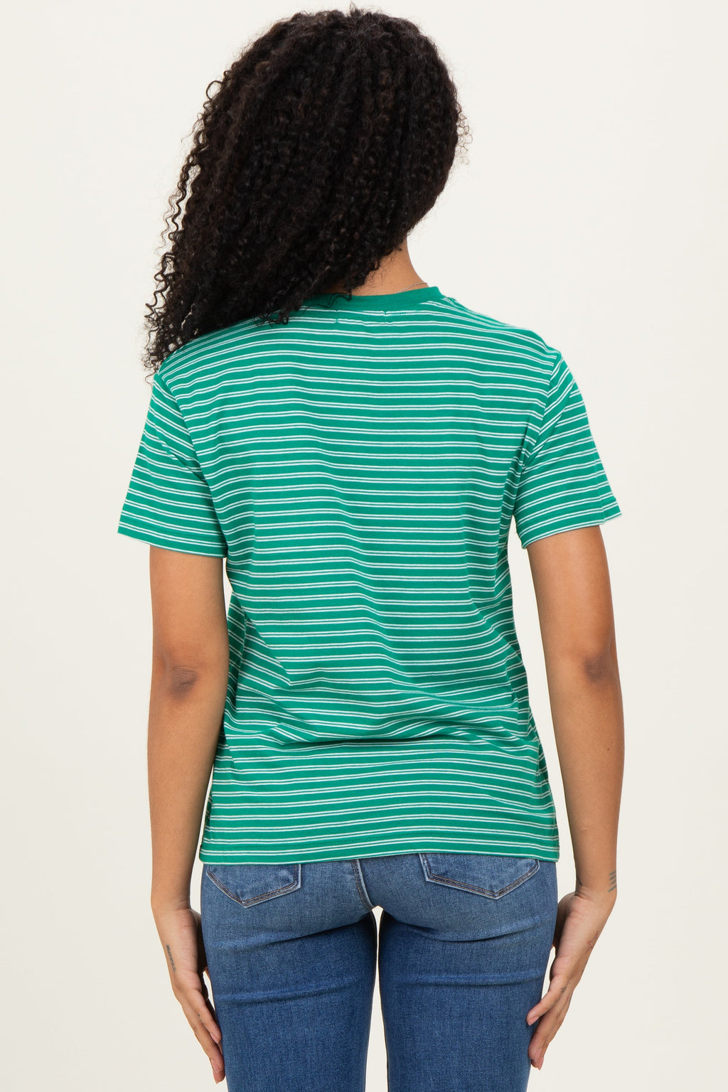 Green/White Short Sleeve Round Neck Stripe Tee