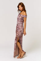 Taupe Asymmetrical Off-Shoulder Maxi Dress