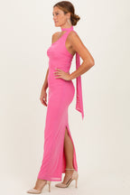 Pink Mesh Overlay Halter Maxi Dress