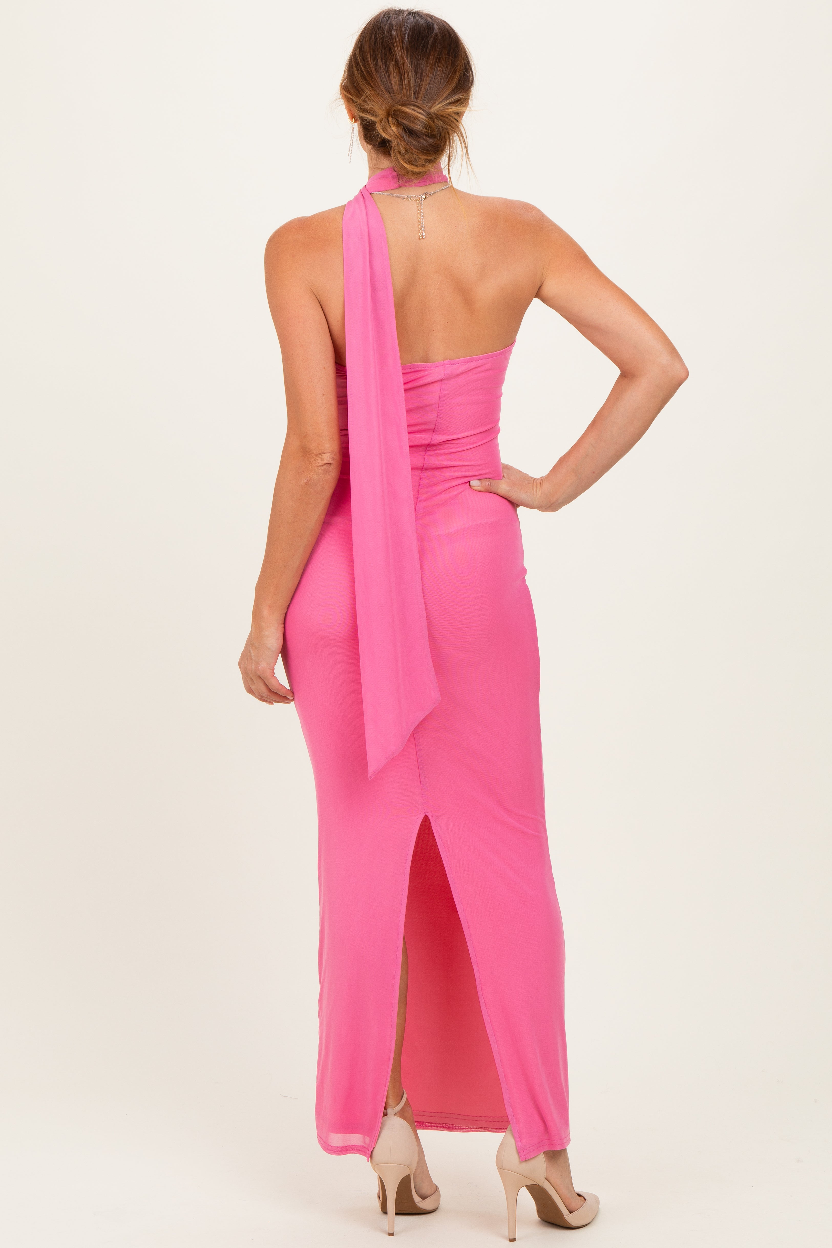 Pink Mesh Overlay Halter Maxi Dress
