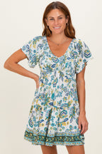 Ivory V Neck Smocked Bodice Short Sleeve Dress