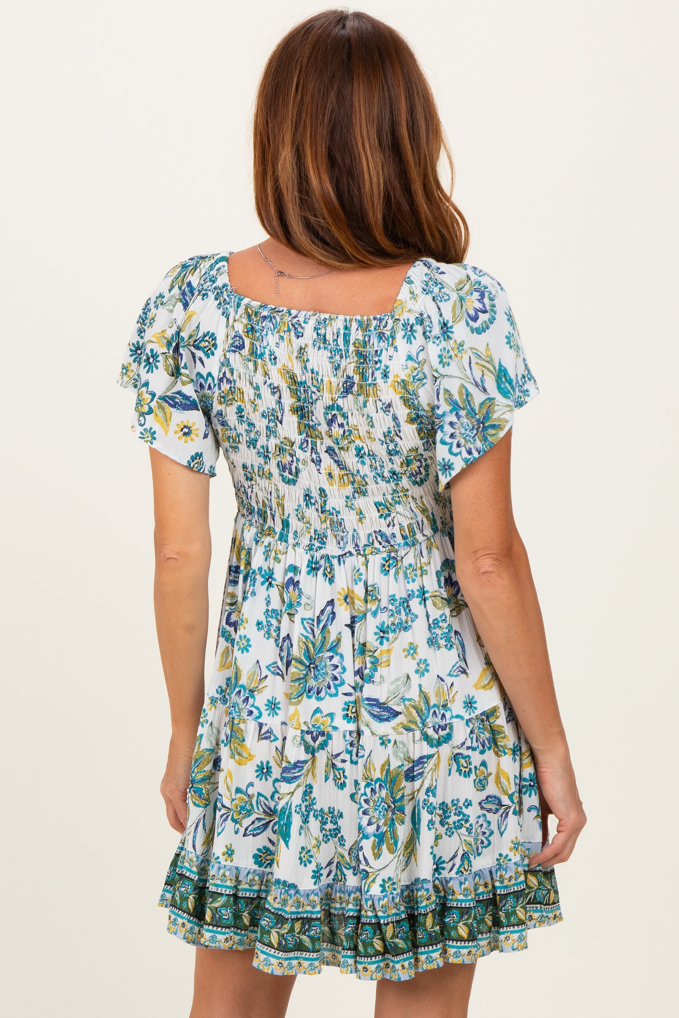 Ivory V Neck Smocked Bodice Short Sleeve Dress