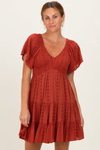 Rust Eyelet Embroidered V Neck Smocked Bodice Dress