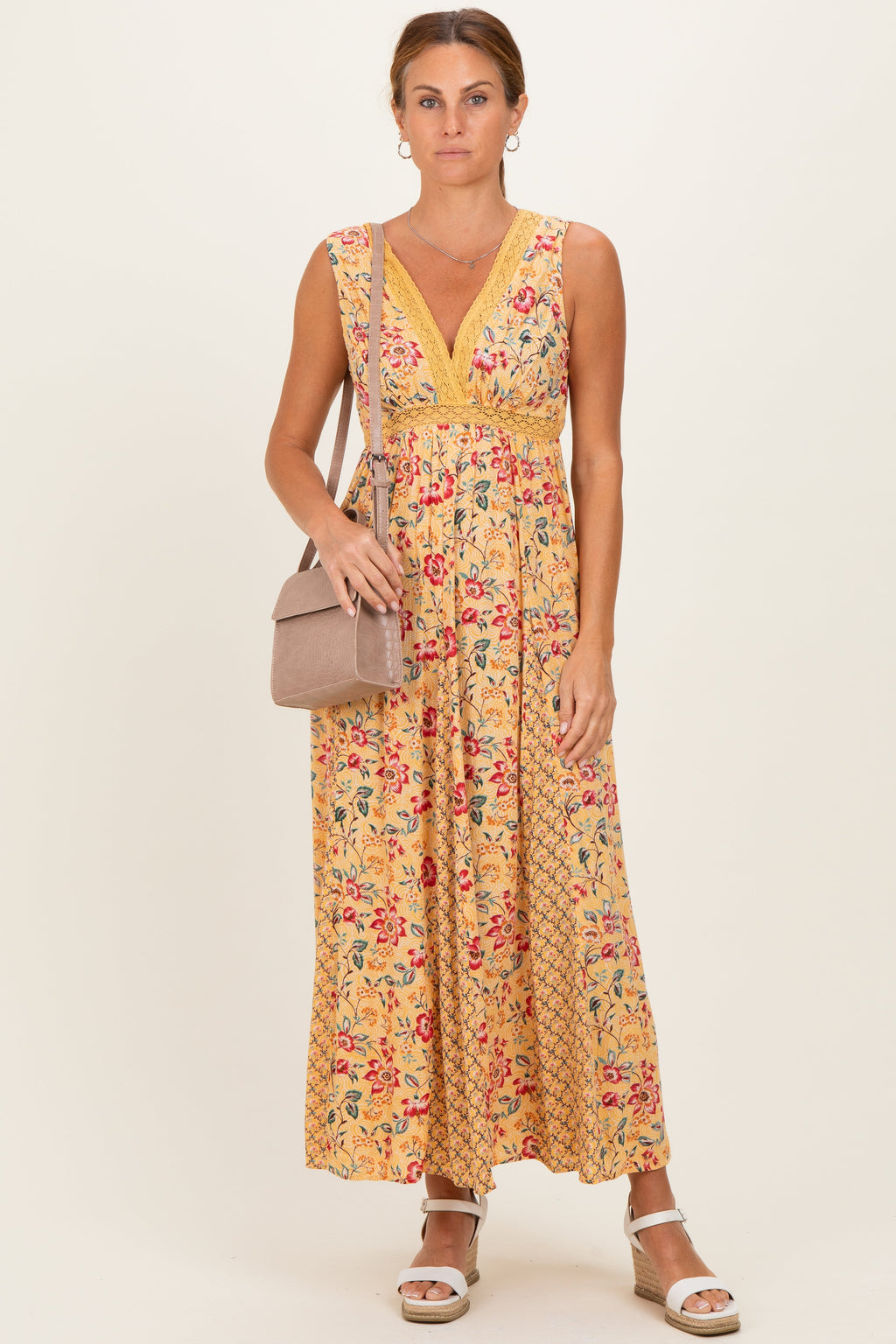 Yellow V Neck Lace Trim Twin Print Maxi Tank Dress