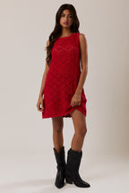 Red Boat Neck Sleeveless Crochet Dress