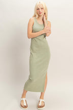 Sage Green Acid Washed Ribbed Midi Tank Dress