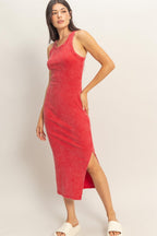 Red Acid Washed Ribbed Midi Tank Dress