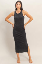Black Acid Washed Ribbed Midi Tank Dress