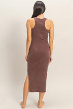 Brown Acid Washed Ribbed Midi Tank Dress