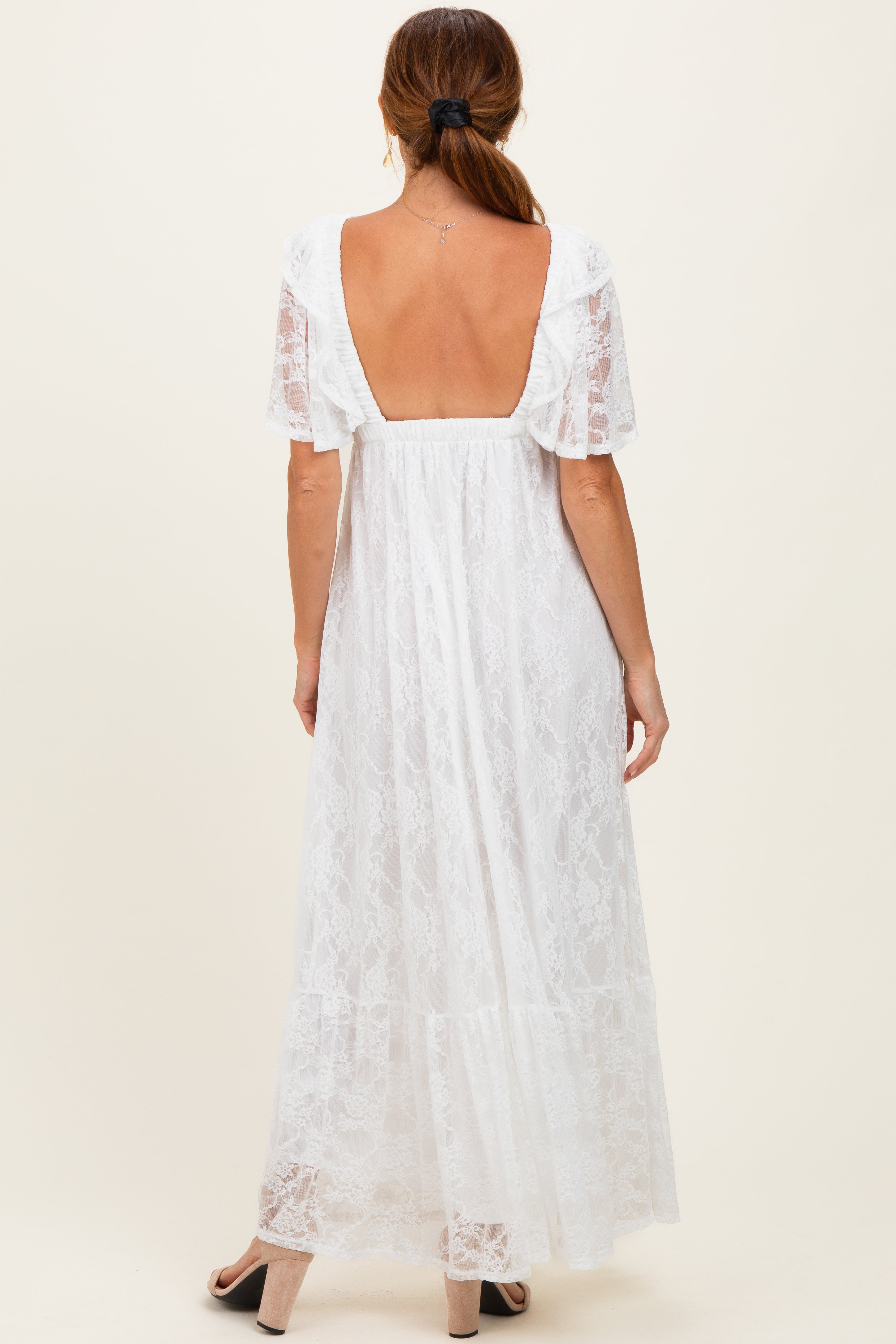 Ivory Lace Flutter Sleeve Tiered Maxi Dress