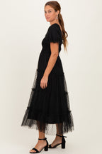 Black Tulle Puff Sleeve Smocked Midi Dress