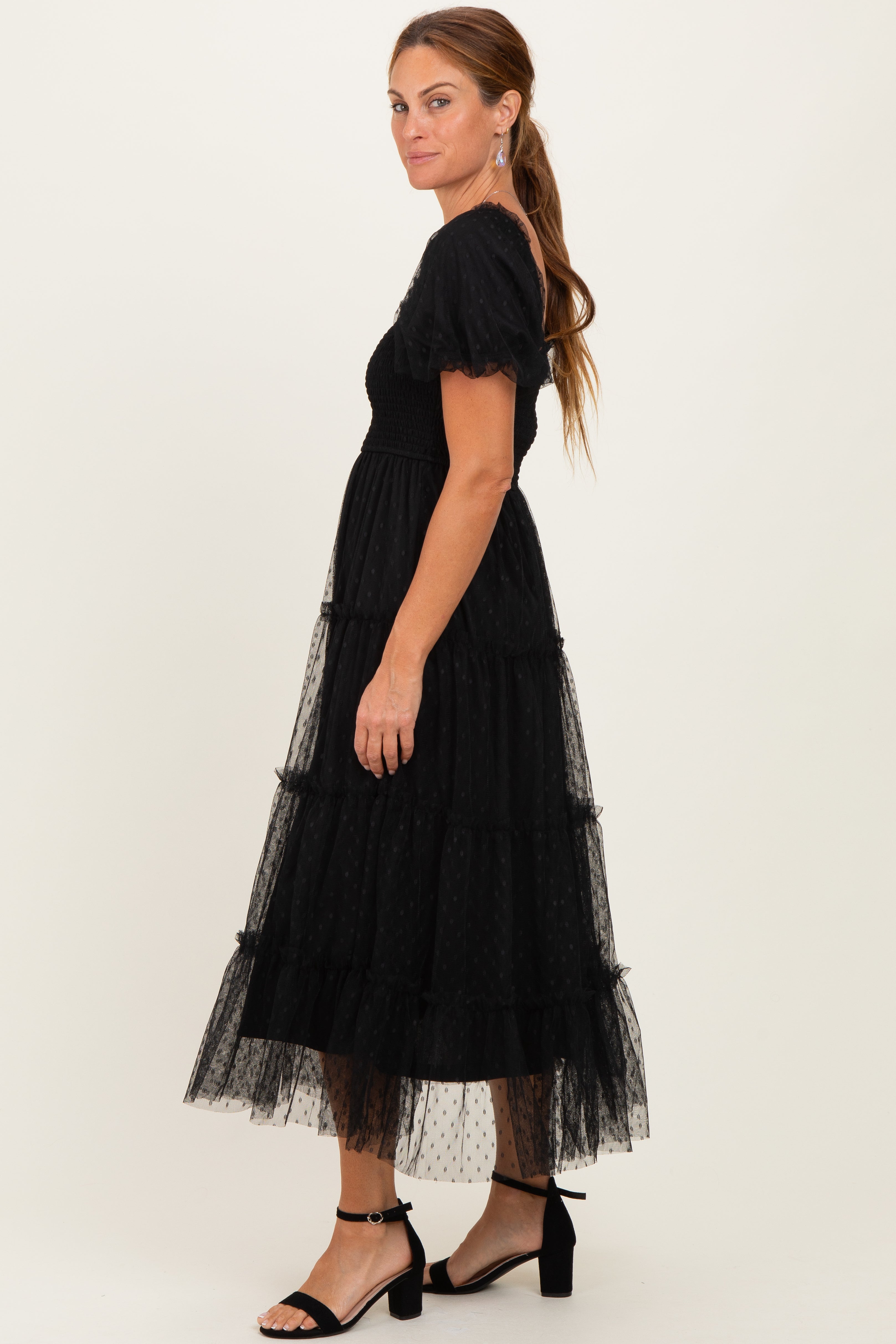 Black Tulle Puff Sleeve Smocked Midi Dress
