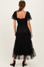 Black Tulle Puff Sleeve Smocked Midi Dress