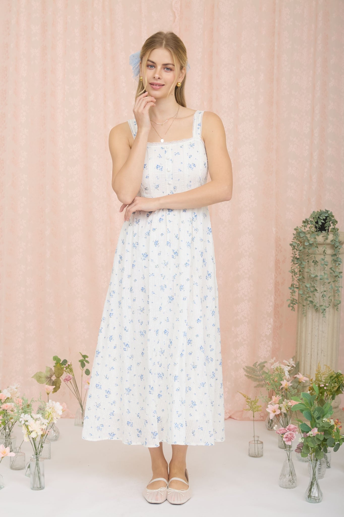 Blue Floral Lace Accent Sleeveless Maxi Dress
