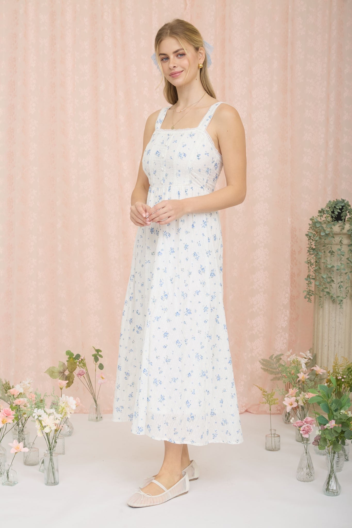 Blue Floral Lace Accent Sleeveless Maxi Dress