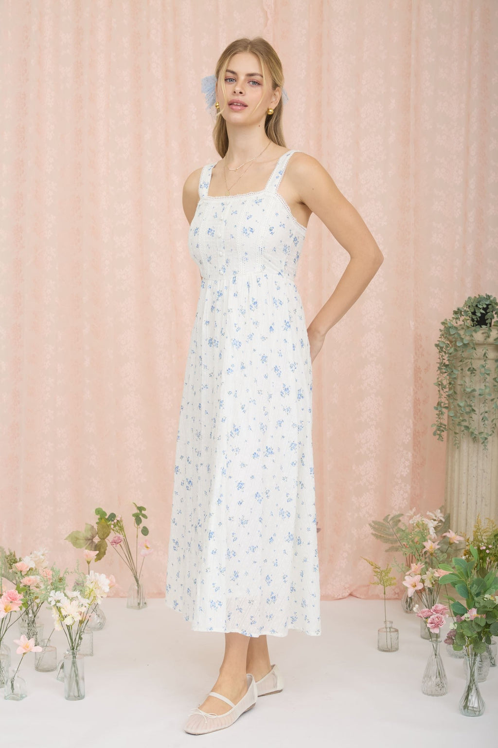 Blue Floral Lace Accent Sleeveless Maxi Dress