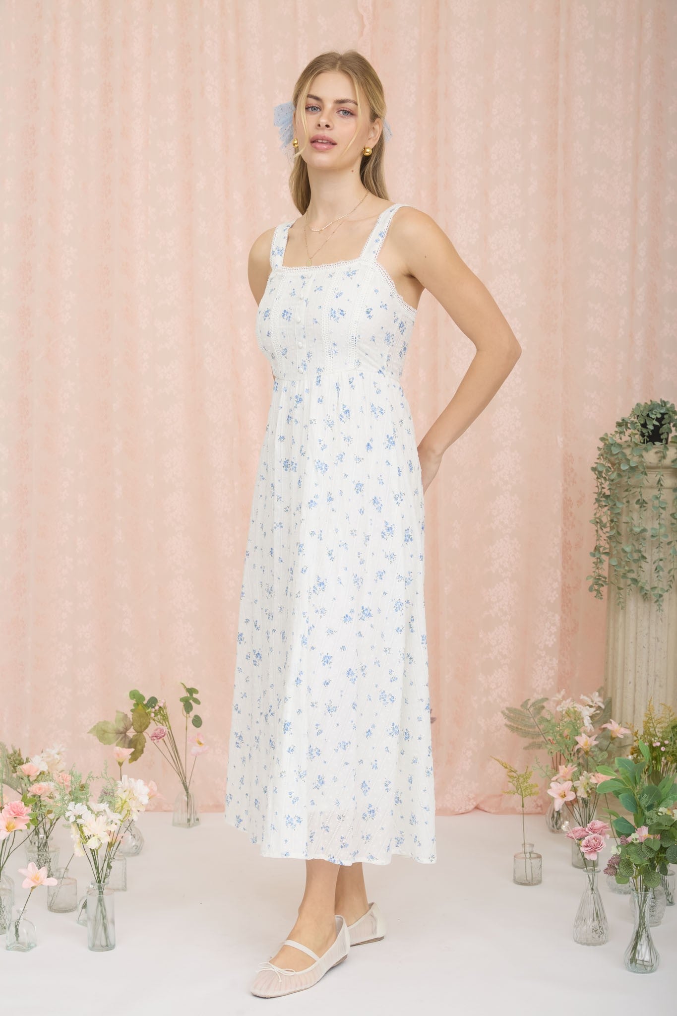 Blue Floral Lace Accent Sleeveless Maxi Dress