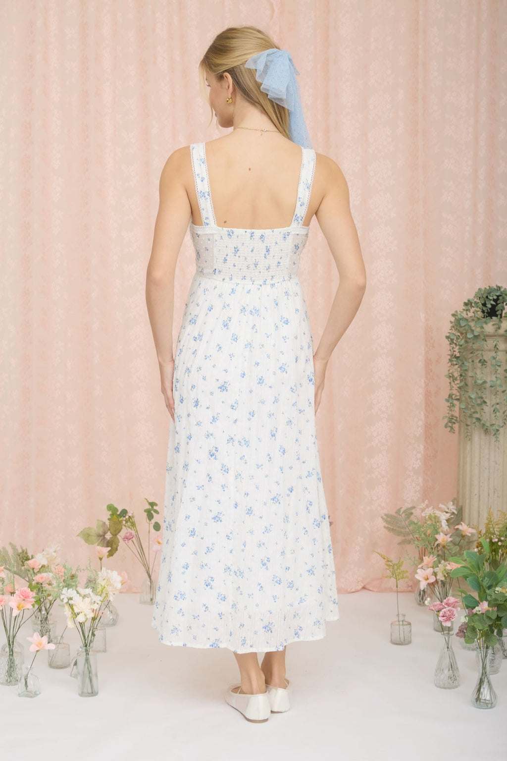 Blue Floral Lace Accent Sleeveless Maxi Dress