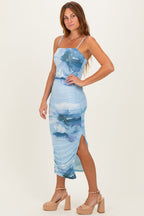 Blue Printed Ruched Fitted Midi Dress