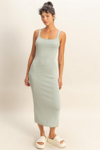 Sage Striped Fitted Midi Tank Dress