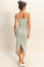 Sage Striped Fitted Midi Tank Dress