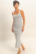 White Striped Fitted Midi Tank Dress
