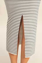 White Striped Fitted Midi Tank Dress