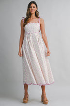 Pink Floral Scallop Hem Shoulder Tie Midi Dress