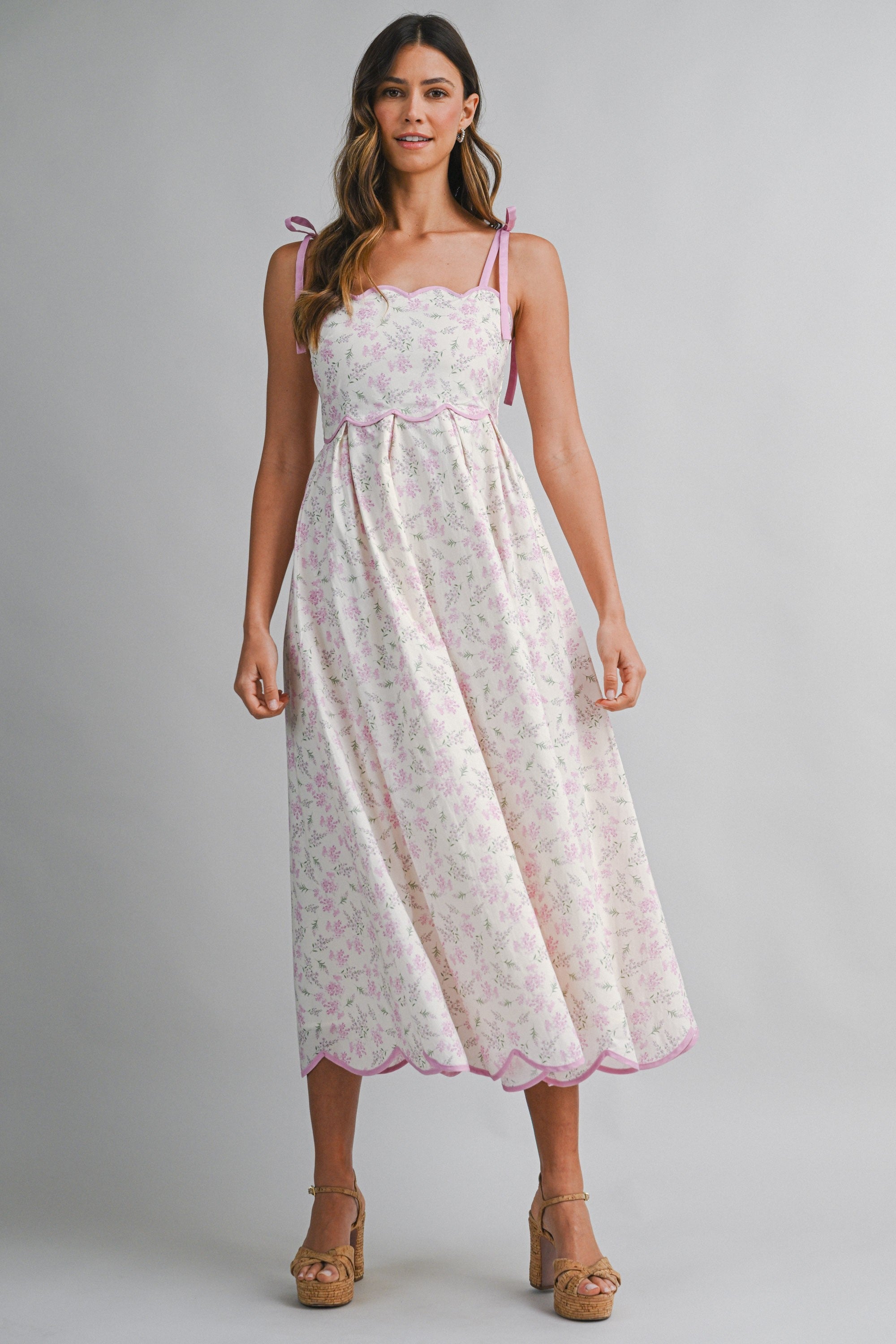 Pink Floral Scallop Hem Shoulder Tie Midi Dress