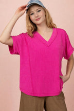 Fuchsia Ribbed Raw Hem Short Sleeve Top