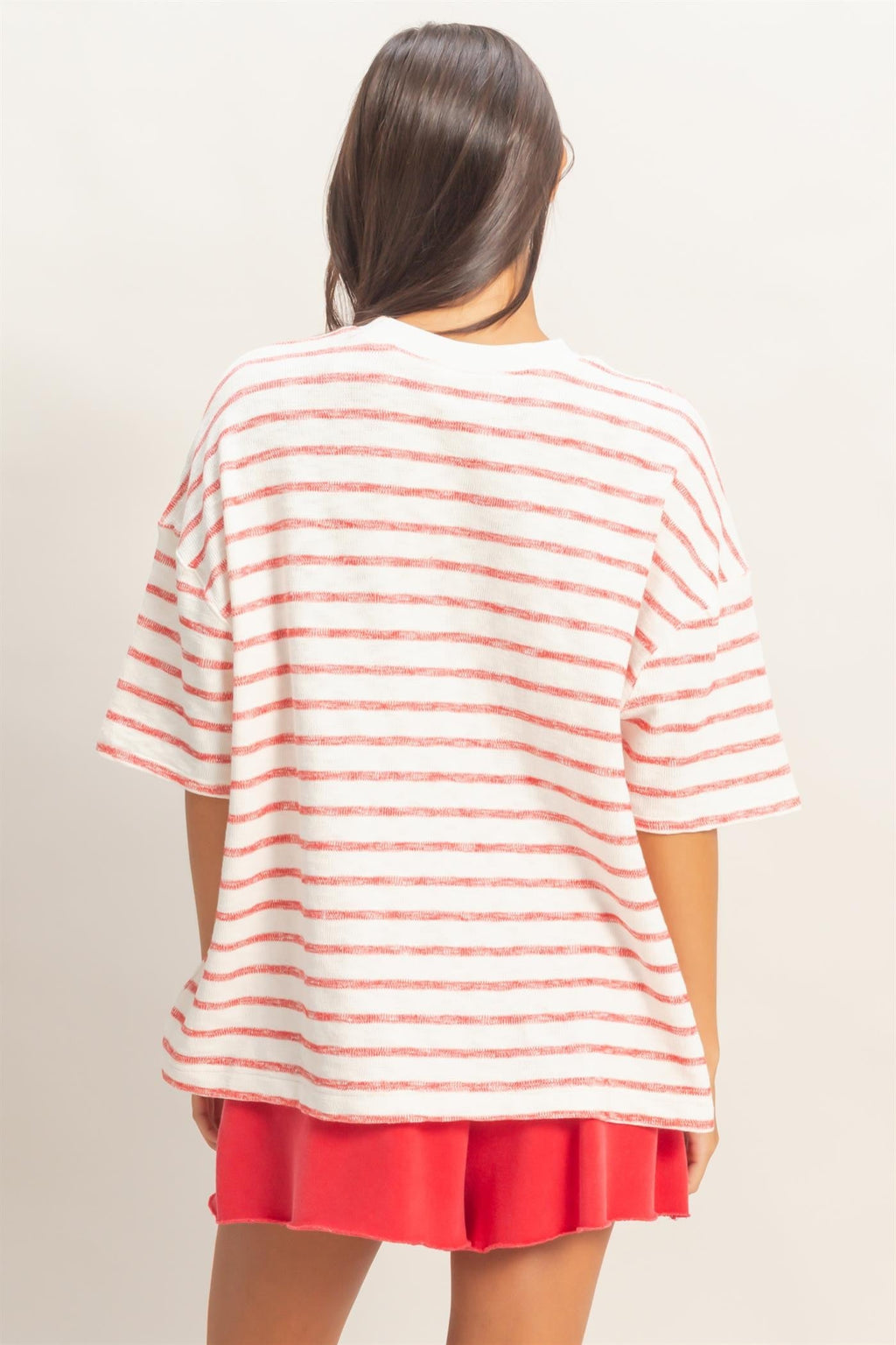 Red Oversized Striped Short Sleeve Top