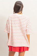 Red Oversized Striped Short Sleeve Top
