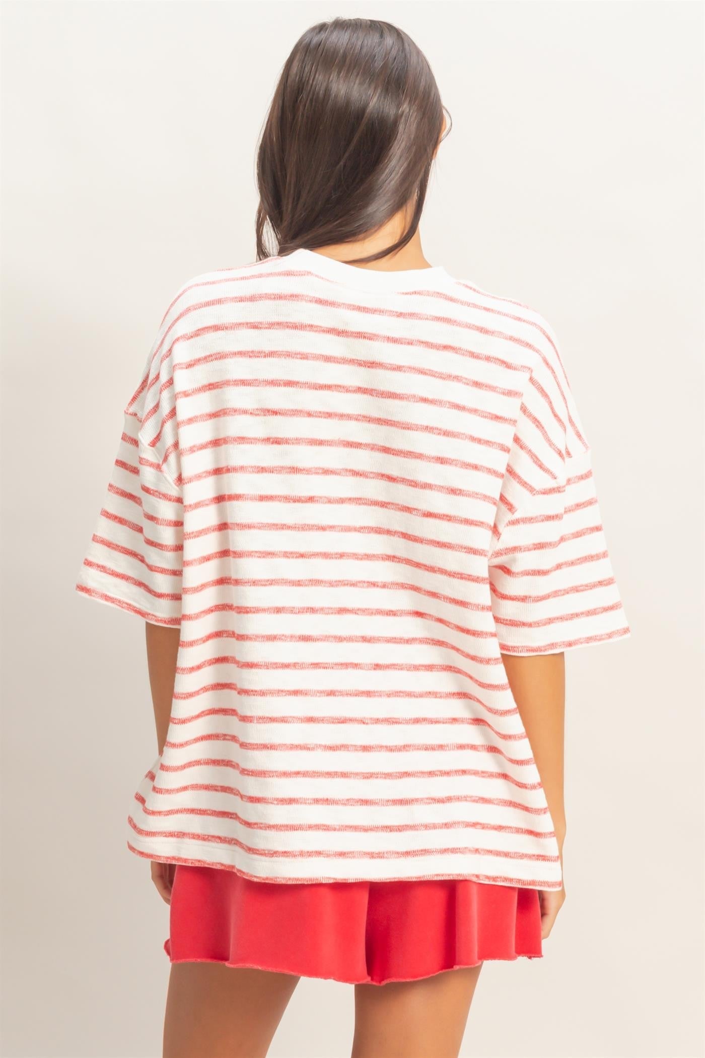 Red Oversized Striped Short Sleeve Top