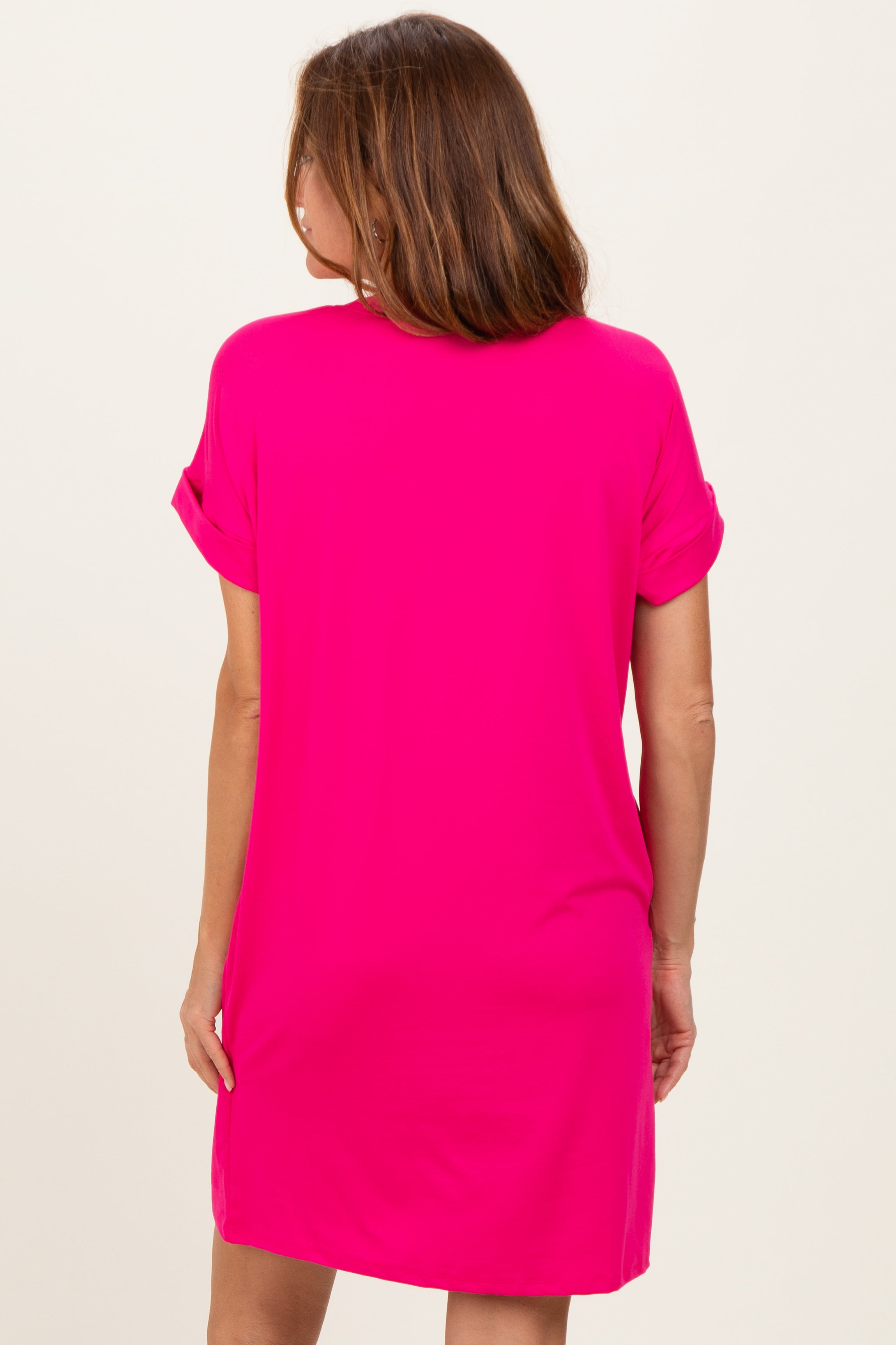 Hot Pink Brushed Rolled Short Sleeve V-Neck Dress