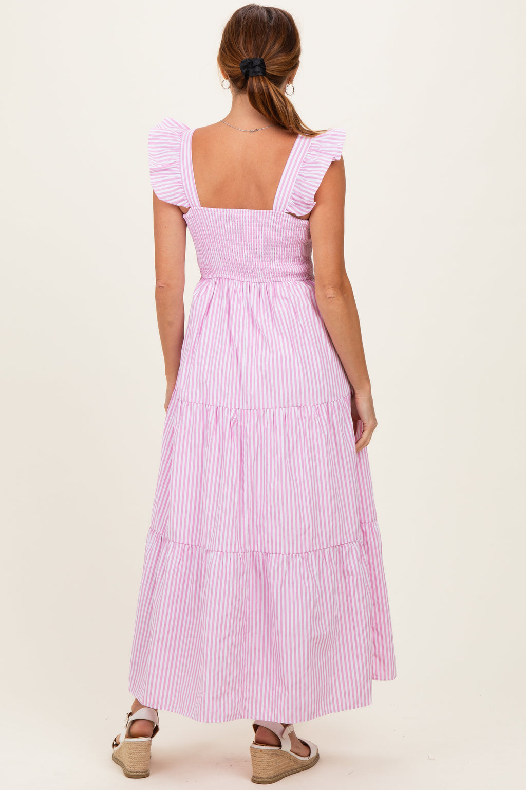Pink Striped Ruffle Strap Smocked Maxi Dress
