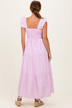 Pink Striped Ruffle Strap Smocked Maxi Dress