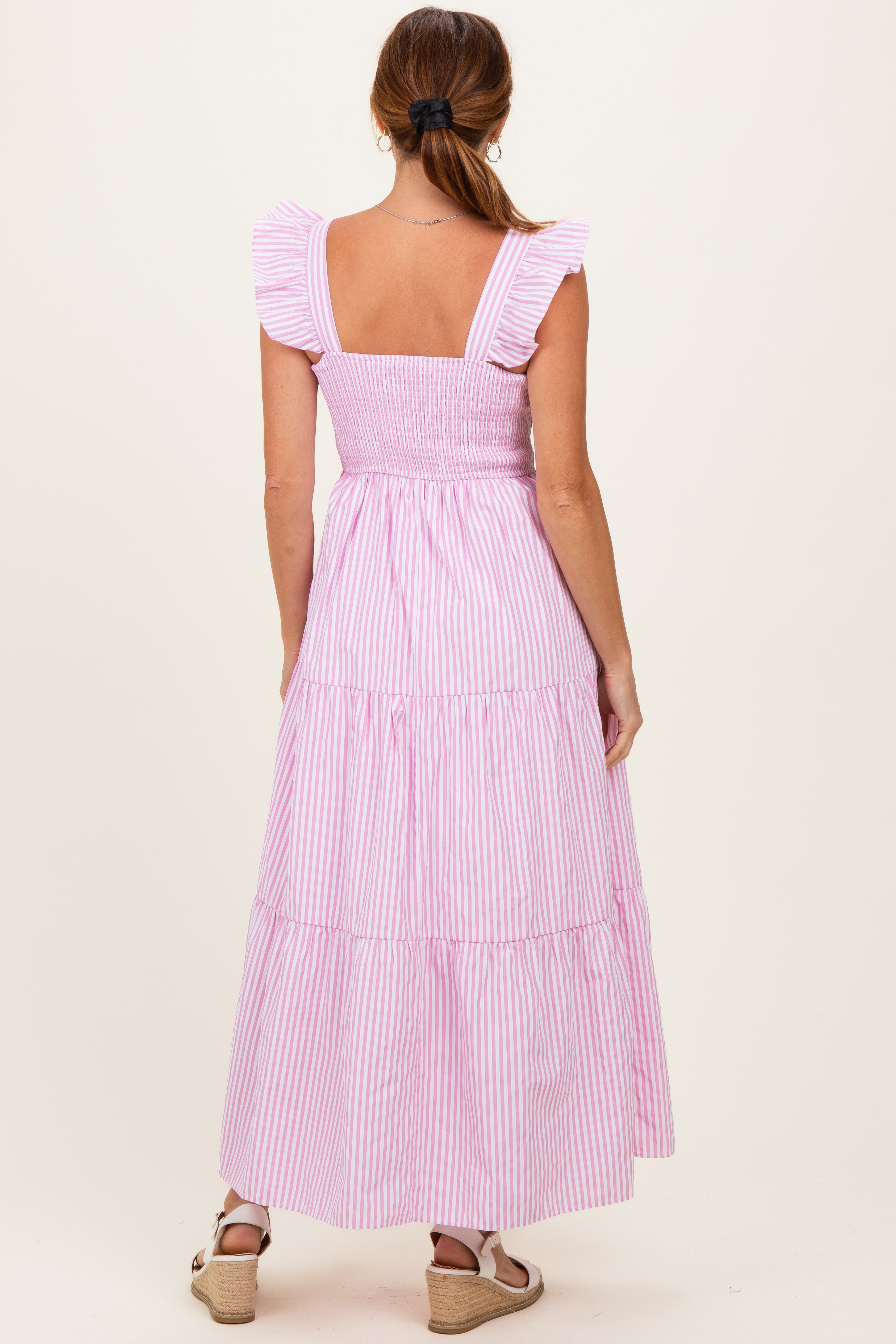 Pink Striped Ruffle Strap Smocked Maxi Dress