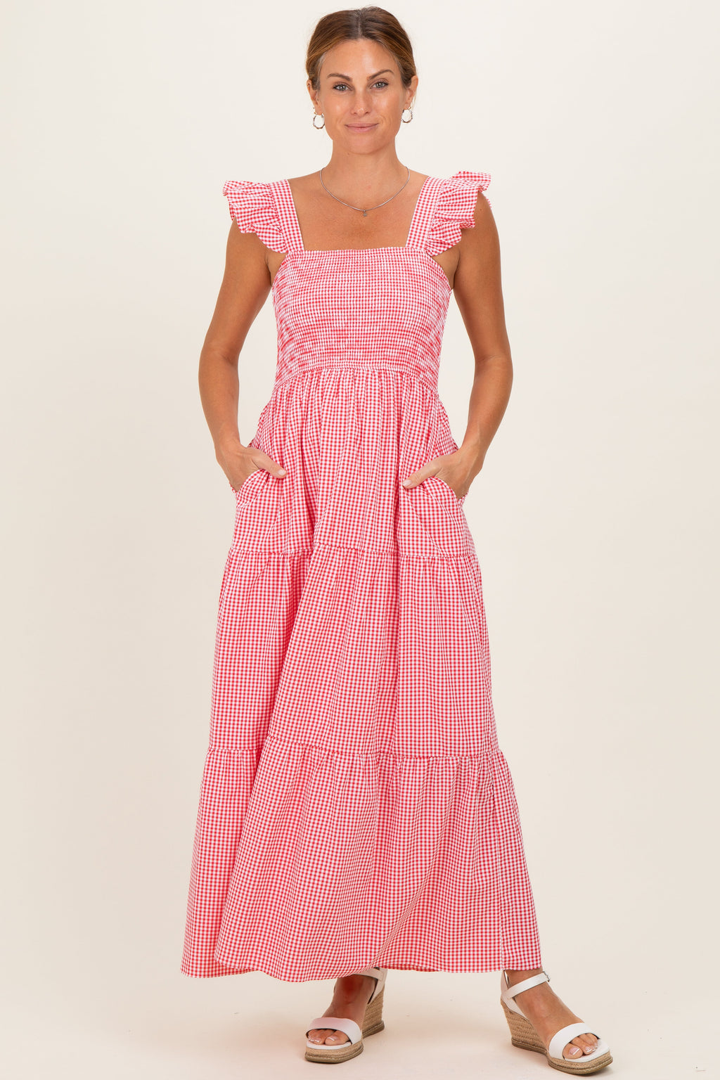 Red Gingham Ruffle Strap Smocked Maxi Dress