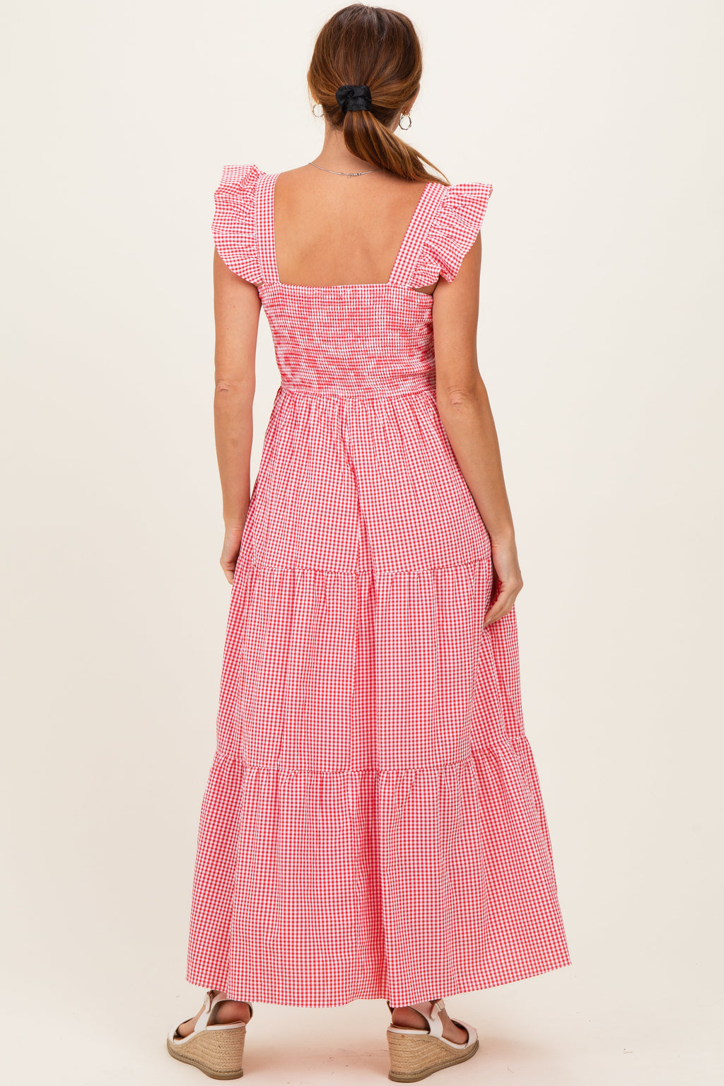 Red Gingham Ruffle Strap Smocked Maxi Dress