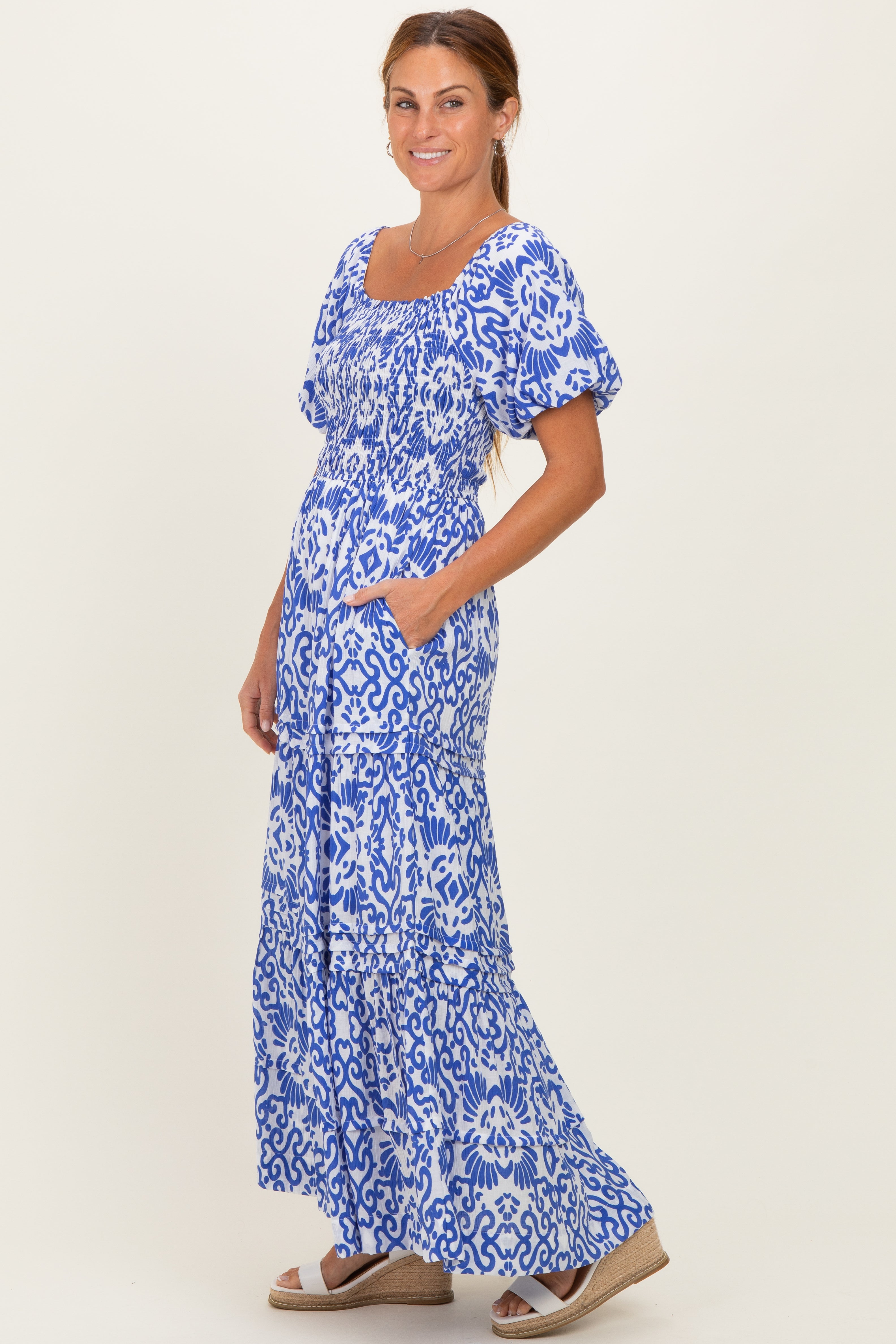 Royal Blue Printed Puff Sleeve Smocked Maxi Dress