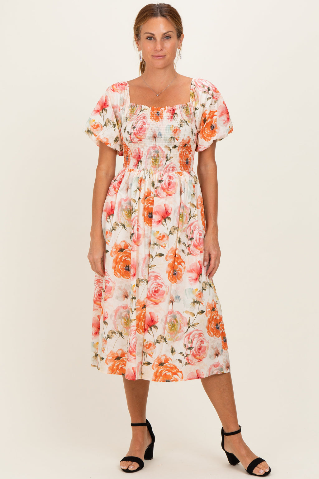 Rose Floral Smocked Puff Sleeve Midi Dress