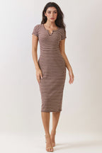 Dark Brown Striped Henley Midi Dress