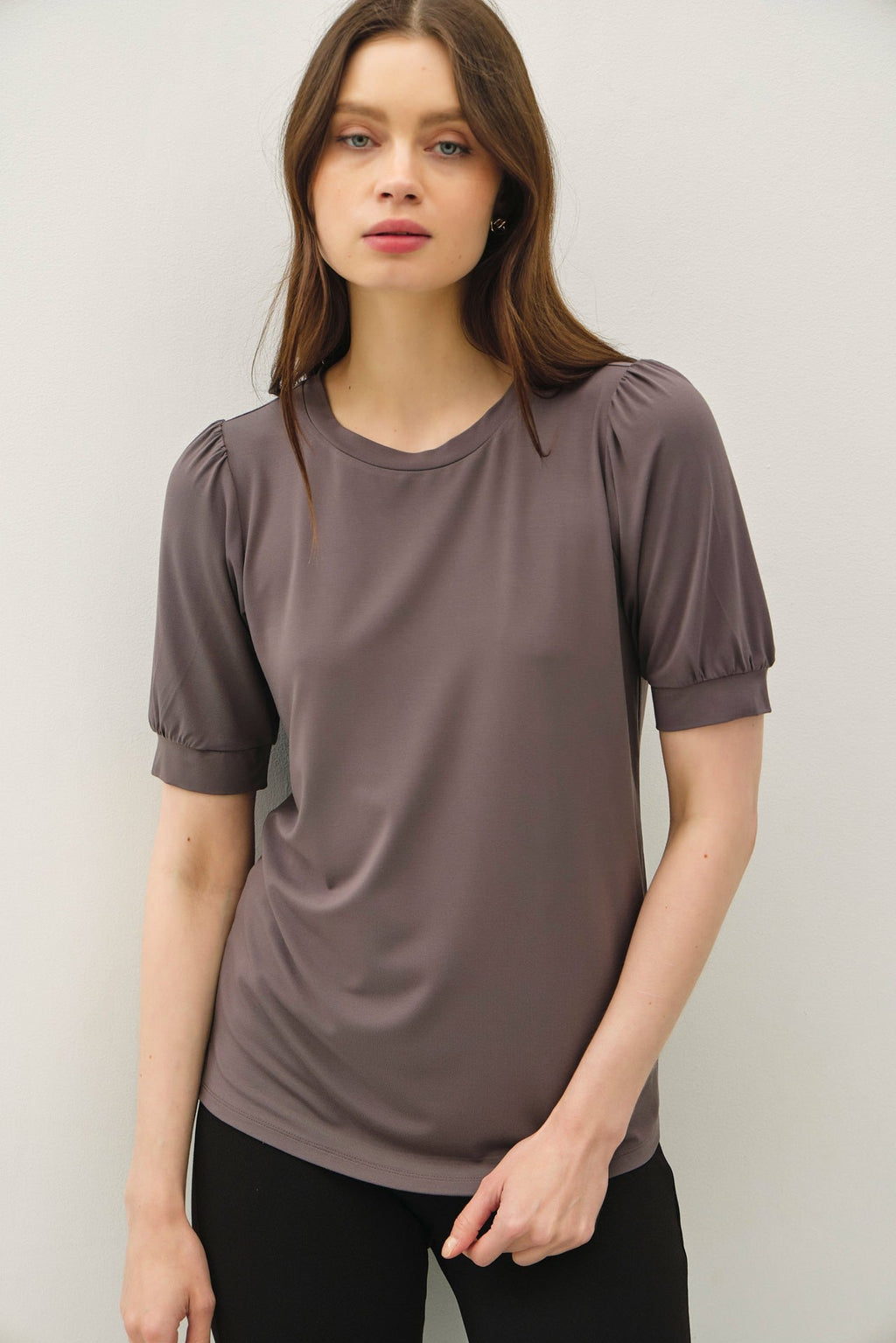 Charcoal Puff Sleeve Basic Top