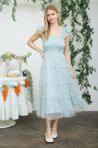 Sage Smocked Polka Dot Tulle Midi Dress