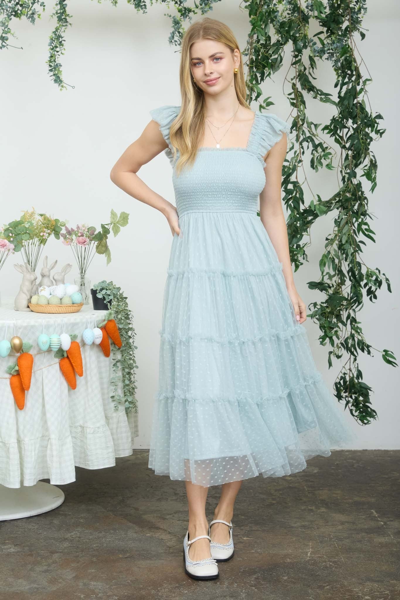 Sage Smocked Polka Dot Tulle Midi Dress